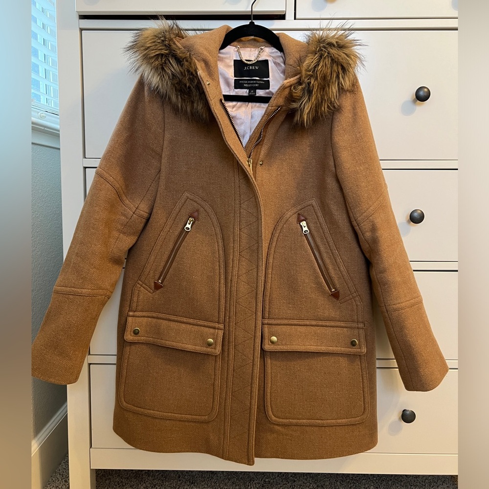 J. Crew Chateau Parka Stadium Cloth Wool Blend Coat Trim Fur Brown Tan 12 L